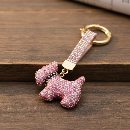 Crystal rhinestone French bulldog keychain with gold-tone hardware