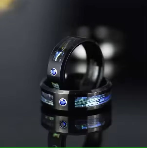 Men's Black Tungsten Ring with Sapphire & Abalone-Rings-Sairahaz Jewelers