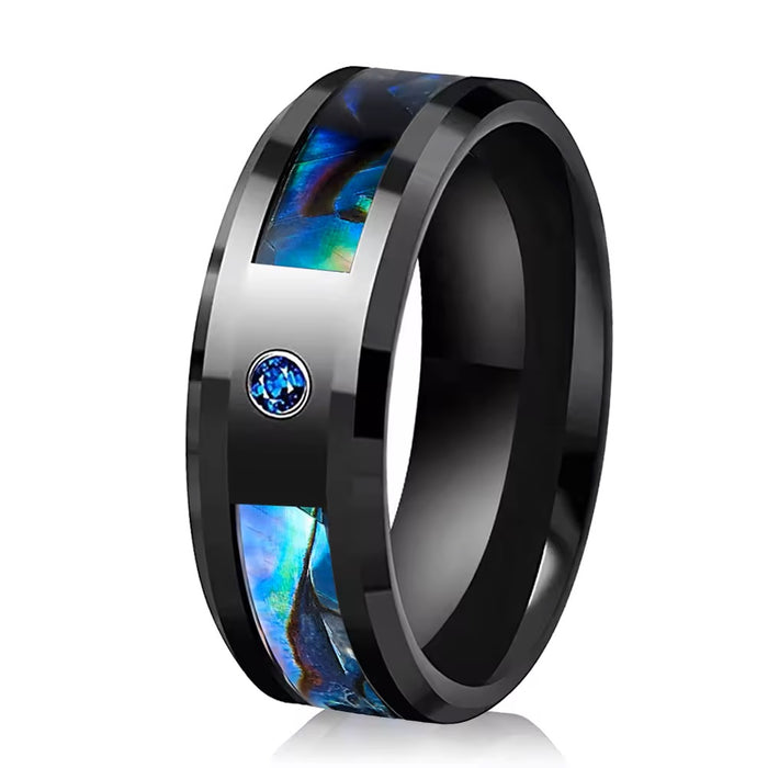 Men's Black Tungsten Ring with Sapphire & Abalone-Rings-Sairahaz Jewelers