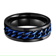 Men's Blue Cuban Link Spiner on Black Tungsten Ring Comfort Fit-Rings-Sairahaz Jewelers
