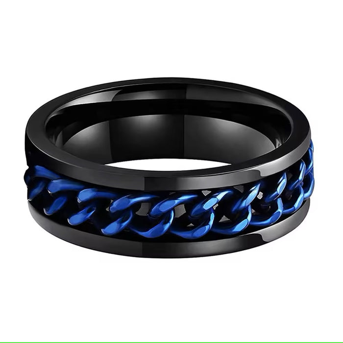 Men's Blue Cuban Link Spiner on Black Tungsten Ring Comfort Fit