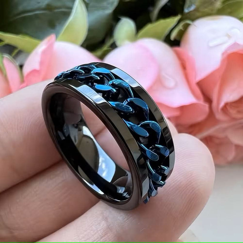 Men's Blue Cuban Link Spiner on Black Tungsten Ring Comfort Fit-Rings-Sairahaz Jewelers