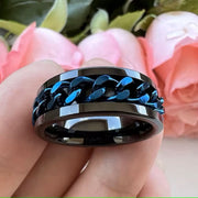 Men's Blue Cuban Link Spiner on Black Tungsten Ring Comfort Fit-Rings-Sairahaz Jewelers