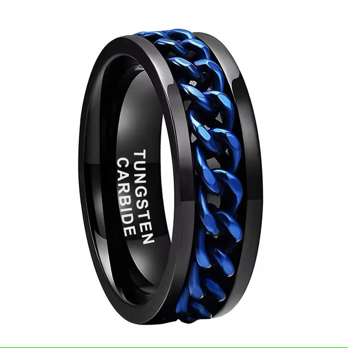 Men's Blue Cuban Link Spiner on Black Tungsten Ring Comfort Fit