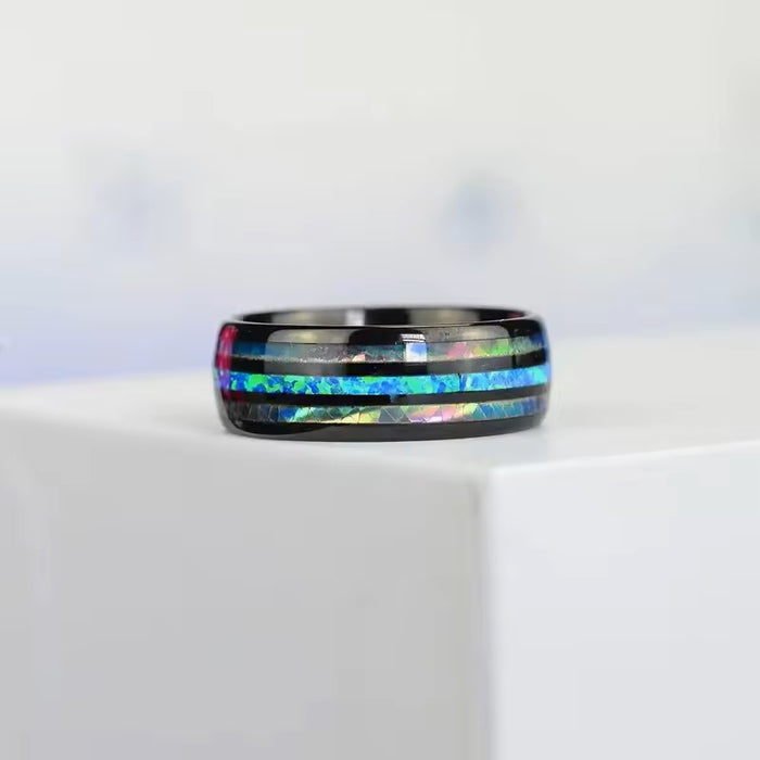 Men's Opal Abalone Tungsten Hawaii Style Black Plated Ring