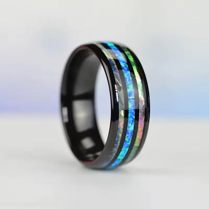 Men's Opal Abalone Tungsten Hawaii Style Black Plated Ring