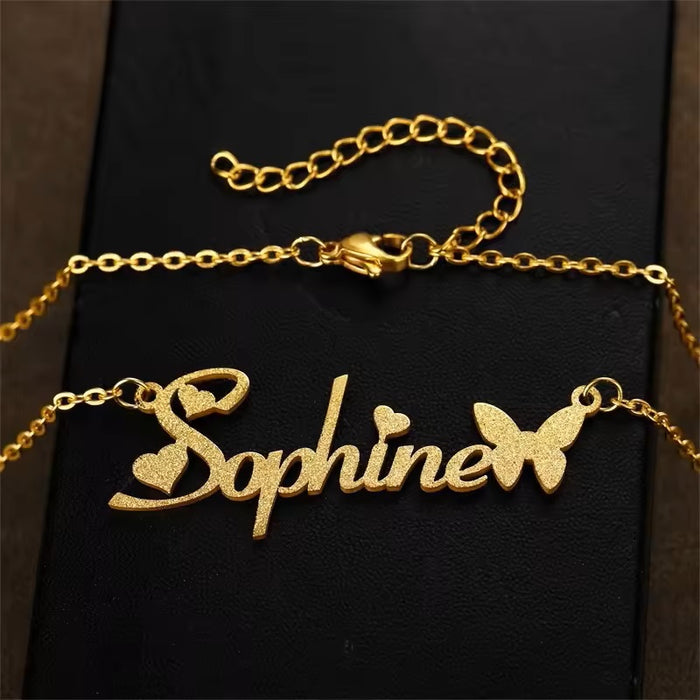 Hearts and Butterfly Name Necklace-Custom Name Necklace-Sairahaz Jewelers