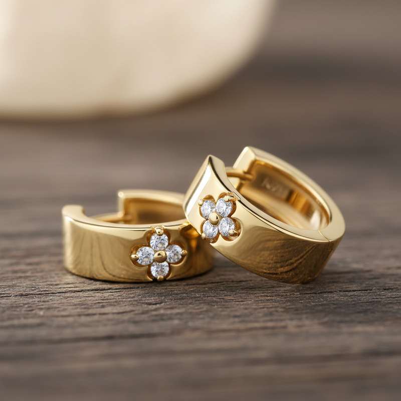 CZ Clover Hoop Earrings – Cubic Zirconia, 18K Gold-Plated