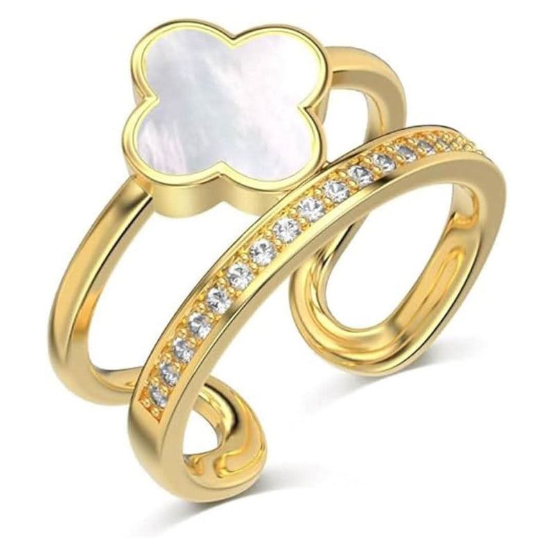 Gold Four Leaf Clover Adjustable Sparkling Zircon Ring-Rings-Sairahaz Jewelers