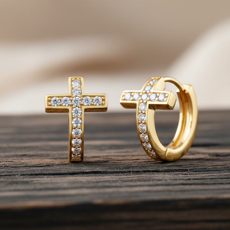 Barzel 18K Gold Plated Crystal Cross Huggie Earrings