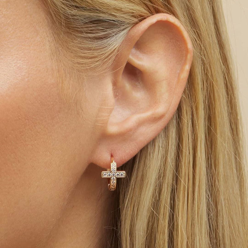 Barzel Gold Plated Crystal Cross Huggie Earrings-Earrings-Sairahaz Jewelers