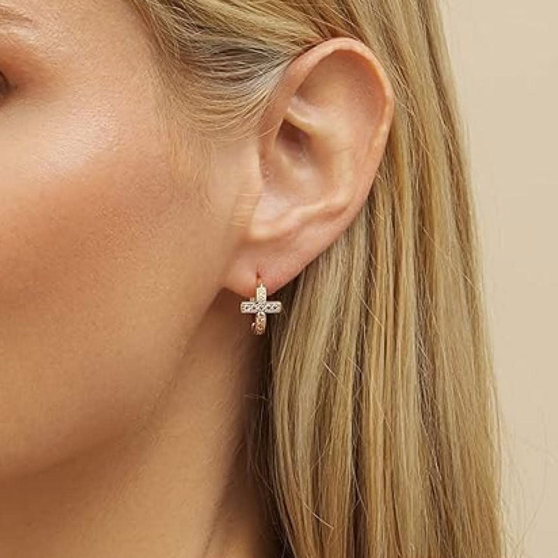 Barzel Gold Plated Crystal Cross Huggie Earrings-Earrings-Sairahaz Jewelers