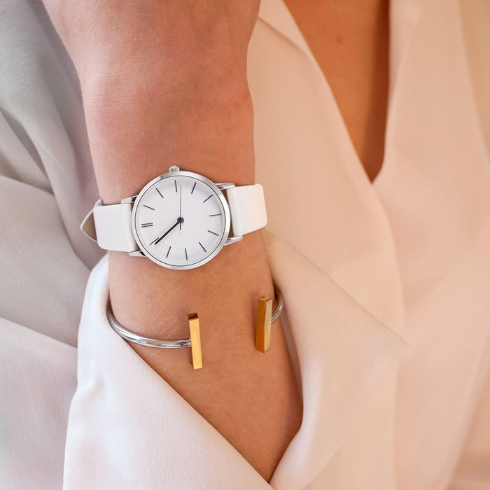 Elegant White Genuine Leather Watch Band with Gold Buckle