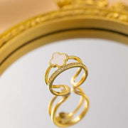 Gold Four Leaf Clover Adjustable Sparkling Zircon Ring-Rings-Sairahaz Jewelers