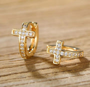 Barzel Gold Plated Crystal Cross Huggie Earrings-Earrings-Sairahaz Jewelers