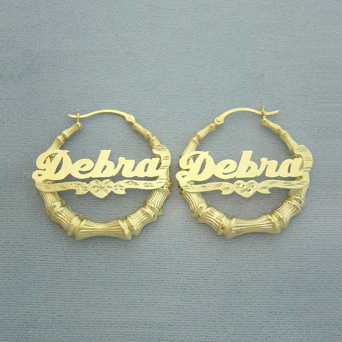 10K or 14K Real Gold Custom Heart-Shaped Diamond-Cut Name Bamboo Hoop Earrings – 1.3 Inch Shiny Finish