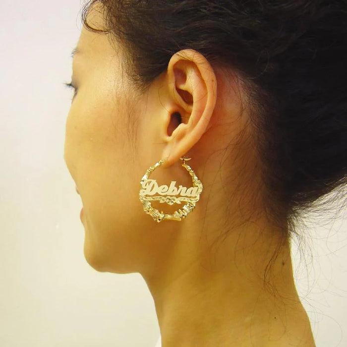 10K or 14K Real Gold Custom Heart-Shaped Diamond-Cut Name Bamboo Hoop Earrings – 1.3 Inch Shiny Finish