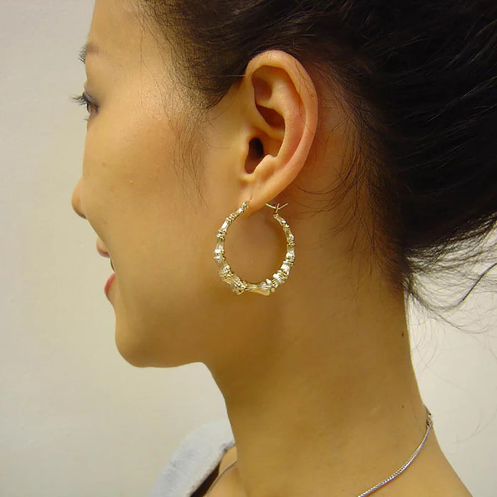 1 3/8 Inch Round Bamboo Hoop Earrings in 10K or 14K Real Gold – Doorknocker Style Fine Jewelry