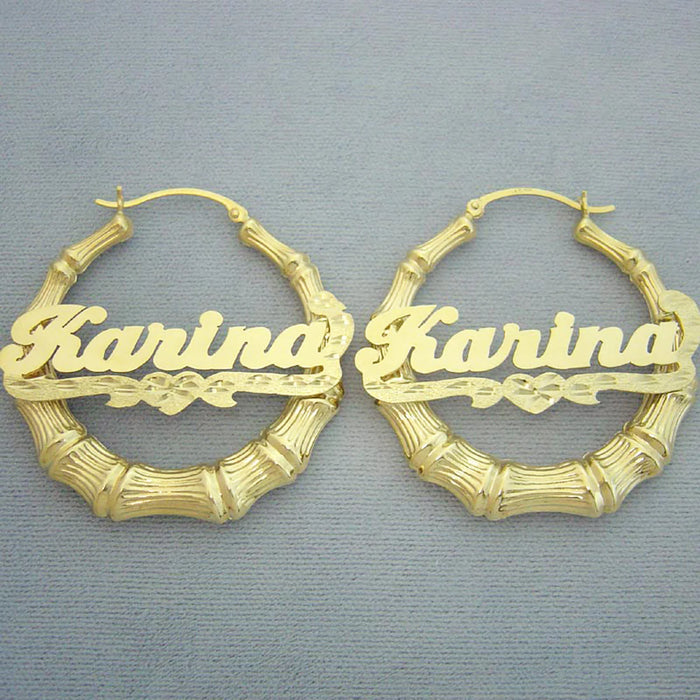 10K or 14K Real Gold Custom Heart Diamond-Cut Name Bamboo Hoop Earrings – 1.7 Inch Shiny Finish