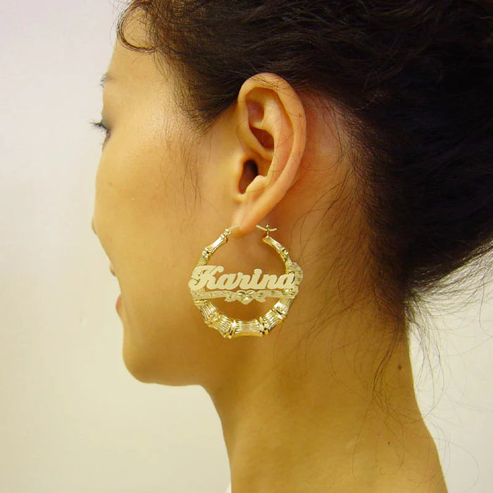 10K or 14K Real Gold Custom Heart Diamond-Cut Name Bamboo Hoop Earrings – 1.7 Inch Shiny Finish