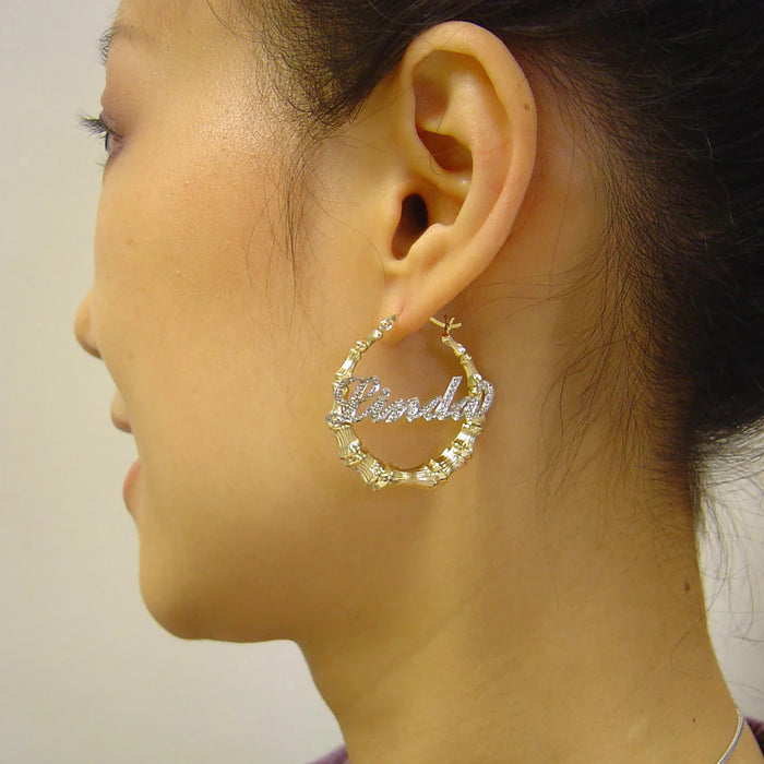 "10K or 14K Real Gold Custom Two-Tone Rhodium Iced Out Name Bamboo Hoop Earrings – 1.7 Inch Bling Style          "