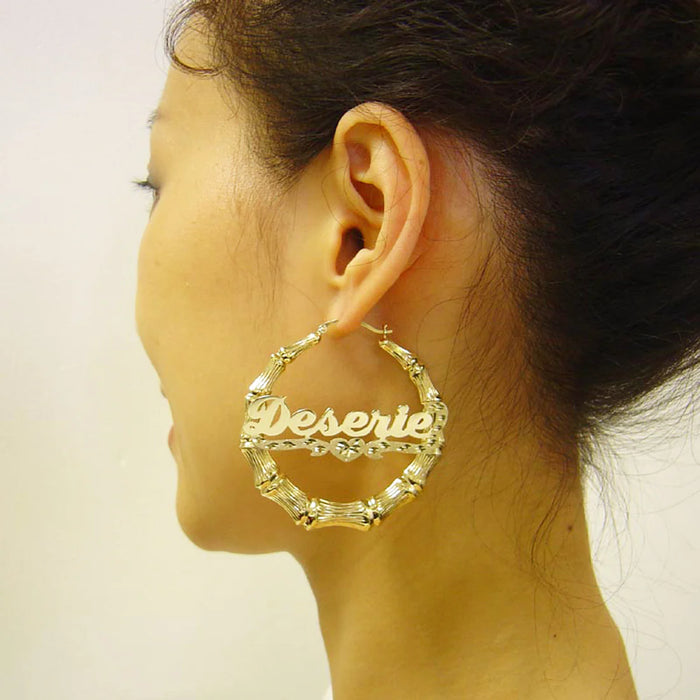 10K or 14K Real Gold Custom Shiny Name Bamboo Hoop Earrings – 2.25 Inch with Diamond-Cut Heart Design