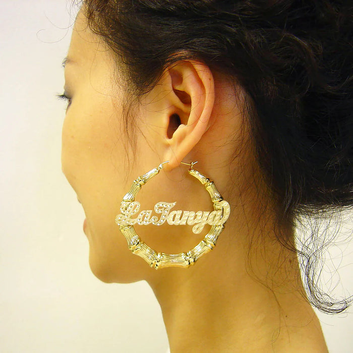 10K or 14K Real Gold Custom Diamond-Cut Name Bamboo Hoop Earrings – 2.2 Inch Personalized Design