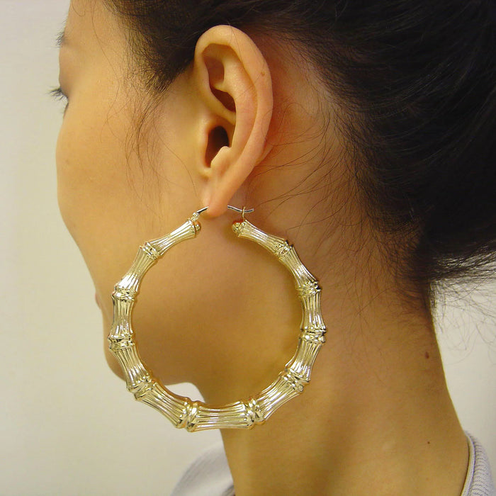 Large 10k or 14k Gold Hollow Bamboo Door Knocker Earrings – 2 7/8 Inch Round Style