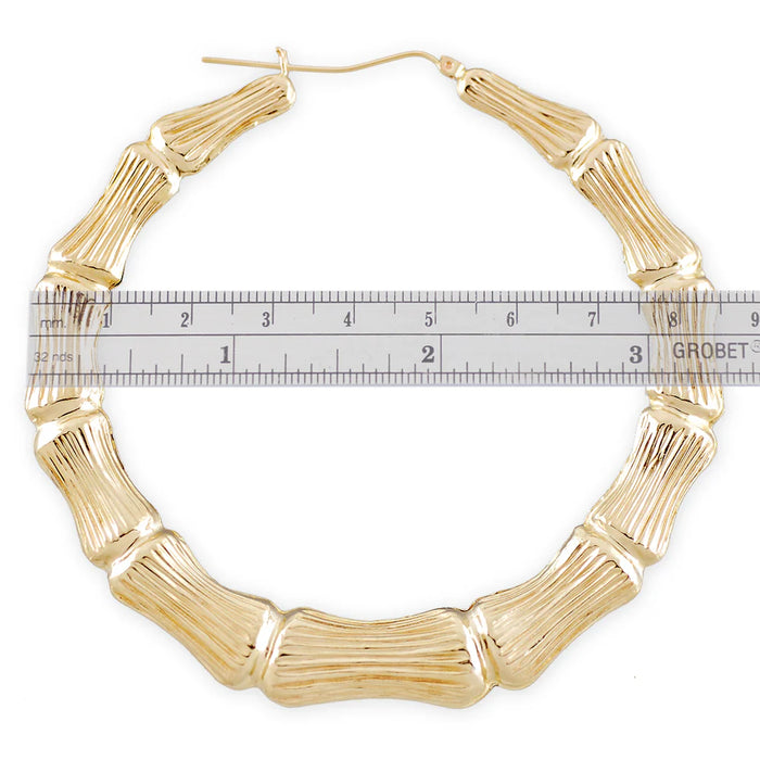 10K Yellow Gold Large Bamboo Hoop Earrings – 3 3/8 Inch Hollow Round Design (GB17)