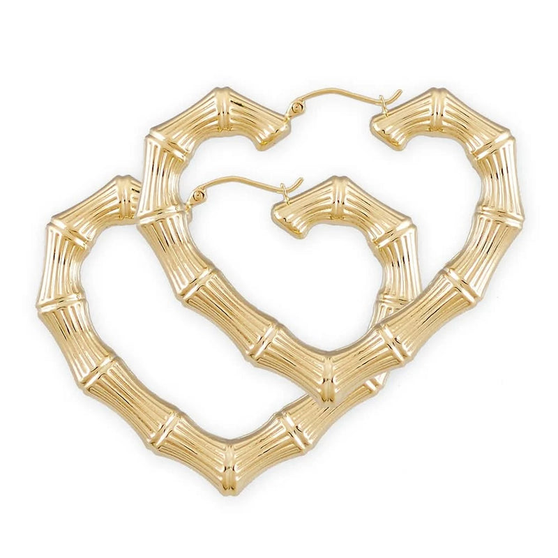 Genuine 10k or 14k Gold Hollow Heart Bamboo Earrings – Skinny Design, 2 Inches Wide Fine Jewelry