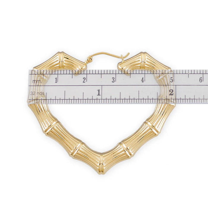 Genuine 10k or 14k Gold Hollow Heart Bamboo Earrings – Skinny Design, 2 Inches Wide Fine Jewelry