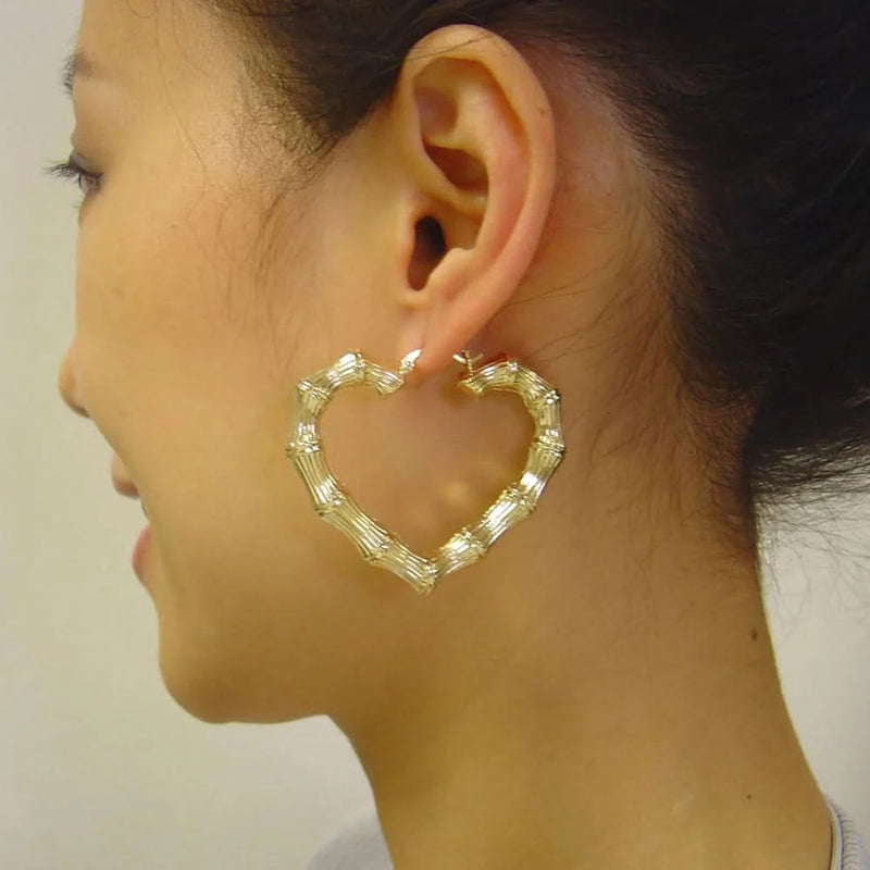 Genuine 10k or 14k Gold Hollow Heart Bamboo Earrings – Skinny Design, 2 Inches Wide Fine Jewelry