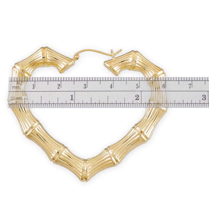 10k or 14k Real Yellow Gold Heart-Shaped Bamboo Hoop Earrings – Fine Jewelry Doorknocker Style, 2.3 Inches Wide