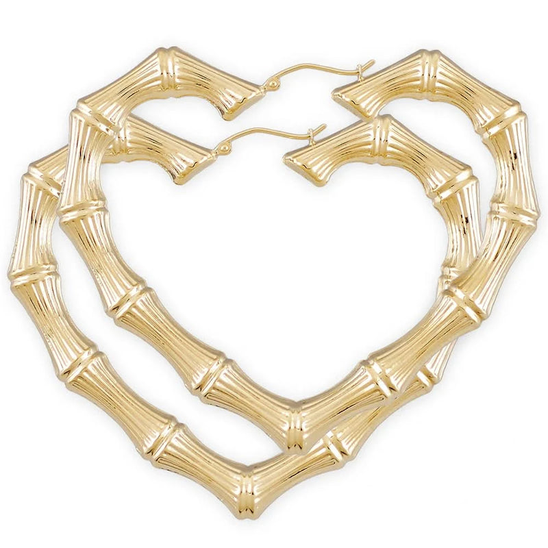 10k or 14k Real Gold Large Skinny Heart-Shaped Bamboo Hollow Earrings – Fine Jewelry, 2.9 Inches Wide