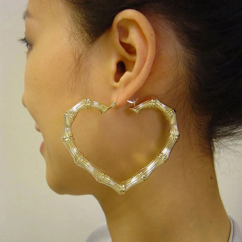10k or 14k Real Gold Large Skinny Heart-Shaped Bamboo Hollow Earrings – Fine Jewelry, 2.9 Inches Wide