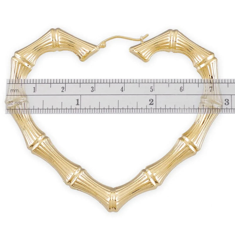 10k or 14k Real Gold Large Skinny Heart-Shaped Bamboo Hollow Earrings – Fine Jewelry, 2.9 Inches Wide