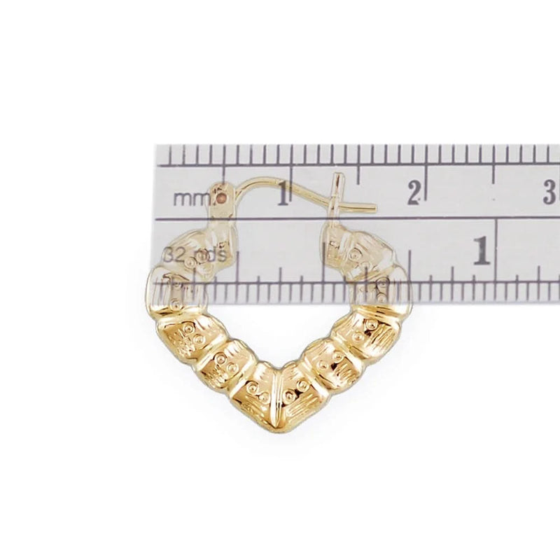 Small 10K Gold Puffy Heart Bamboo Earrings, 0.75 Inch Wide Perfect Baby Jewelry