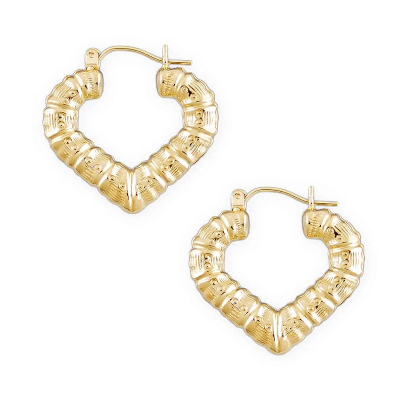 10K Yellow Gold Puffy Heart Earrings with Bamboo Design, 1 Inch Wide