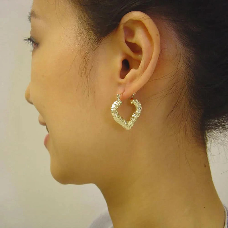 10K Yellow Gold Puffy Heart Earrings with Bamboo Design, 1 Inch Wide