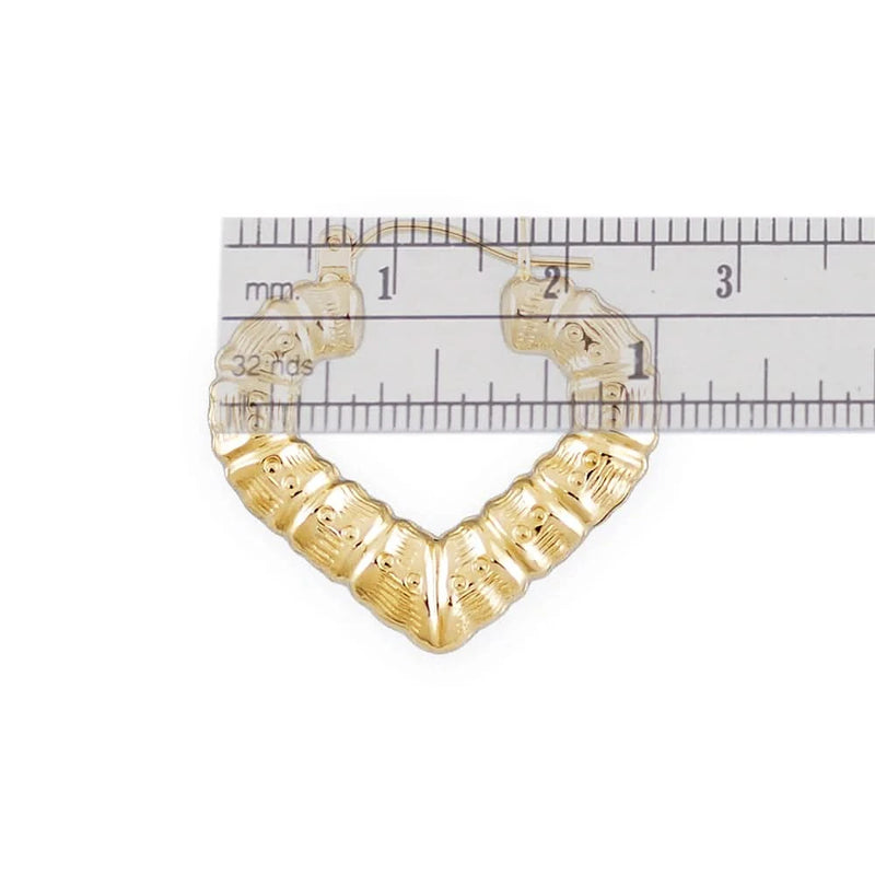 10K Yellow Gold Puffy Heart Earrings with Bamboo Design, 1 Inch Wide