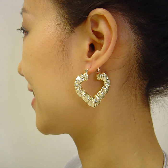 10K Yellow Gold Puffy Heart Bamboo Earrings, 1.5 Inches Wide – Fine Jewelry