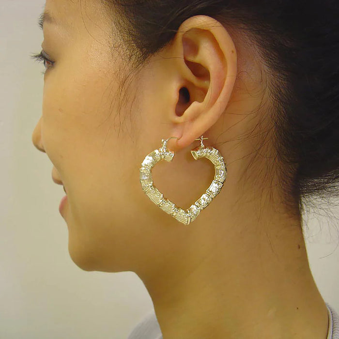 10K Yellow Gold Real Skinny Heart-Shaped Bamboo Hoop Earrings, 1.6 Inches Wide