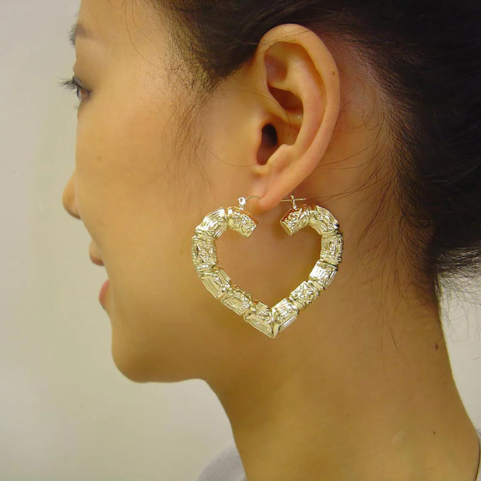 10K Yellow Real Gold Puffy Heart Bamboo Hoop Earrings, 2.2 Inches in Diameter.