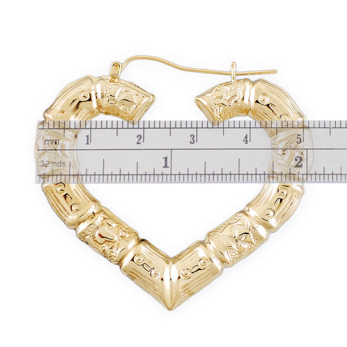 10K Yellow Real Gold Puffy Heart Bamboo Hoop Earrings, 2.2 Inches in Diameter.