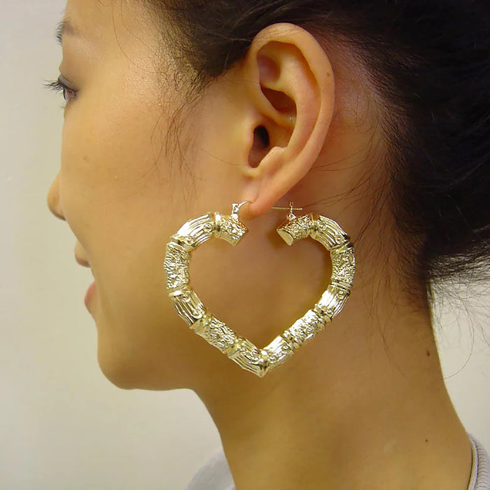 10K Yellow Real Gold Puffy Hollow Heart-Shaped Bamboo Hoop Earrings, 2.5 Inches