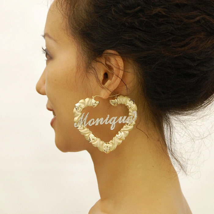 10k Real Gold Custom Name Hoop Earrings – 3-Inch Diamond-Cut Heart Design with Iced Out Finish