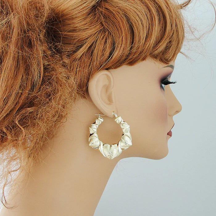 1.9" Real 10K Gold Hollow XO Hearts Earrings with Puffy Diamond-Cut Design