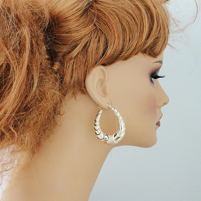 10K Real Gold Shrimp Design Oval Hollow Hoop Door Knocker Earrings, 1.3 Inches Wide