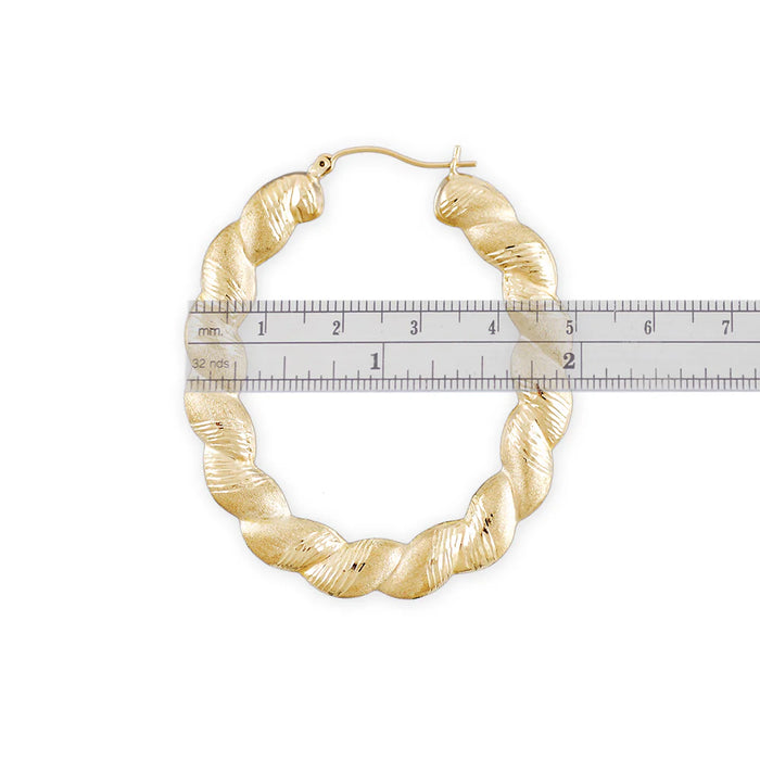 10K Gold Twisted Diamond-Cut Oval Door Knocker Drop Earrings – 1.9 Inches Wide