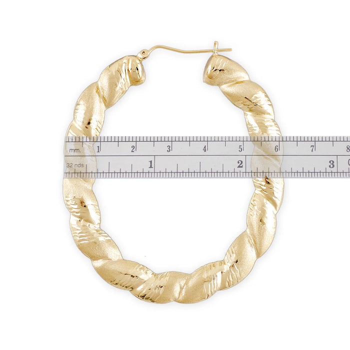 Large 10K Real Gold Twisted Diamond-Cut Oval Door Knocker Drop Earrings – 2.3 Inches Wide